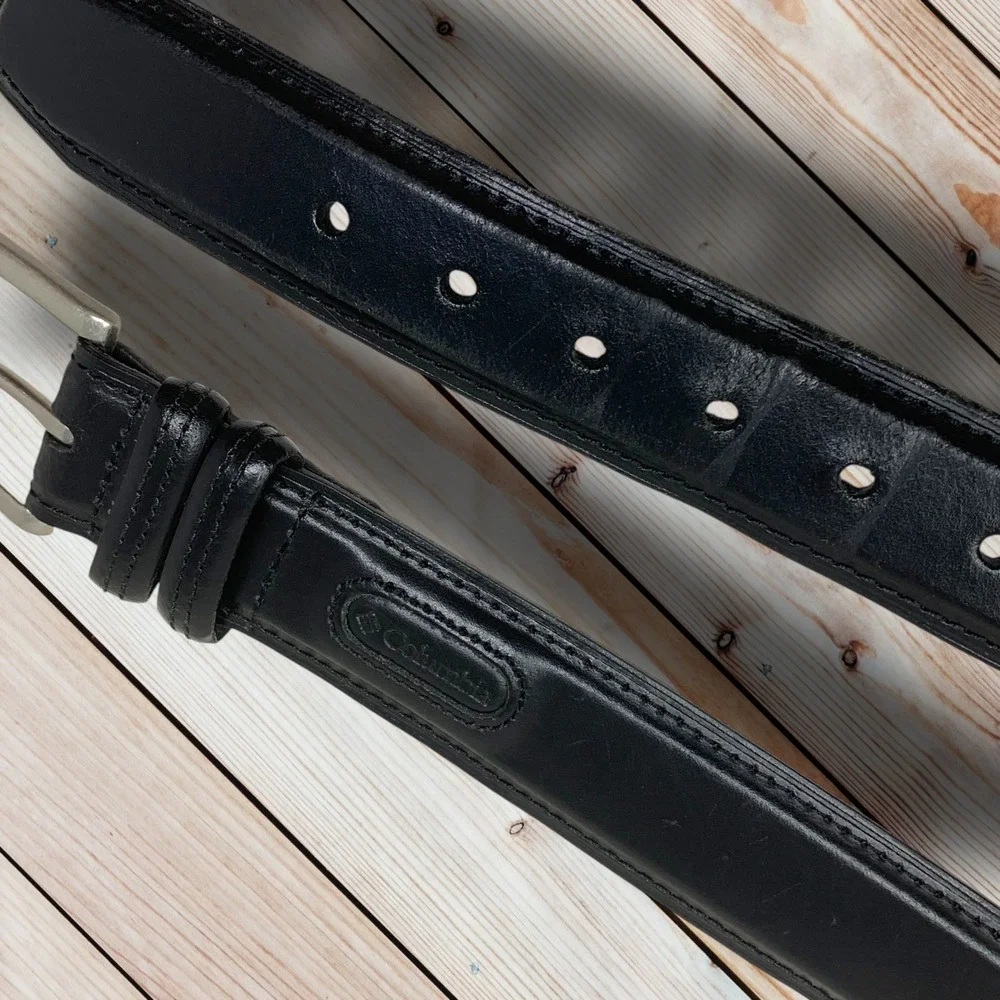 Vintage Y2K Columbia Sportswear Sz 38 Black Leather Dress Belt Silver Hardware